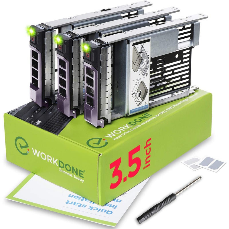 WORKDONE 3-Pack - 3.5 inch Hard Drive Caddy with 2.5 inch HDD Adapter - Compatible for Dell PowerEdge Selected 13th-11th Gen. Servers - Setup Manual - Sled Front Sticker Labels - Screwdriver - Image 1